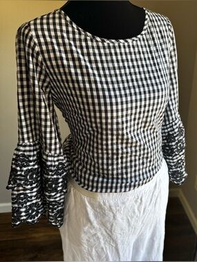 J. Jill Black & White Gingham Bell-Sleeve Top
